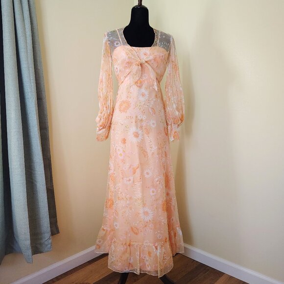 Vintage 70s Orange Sherbet Floral Chiffon Maxi Dress w/ Poet Sleeve Bolero - Picture 1 of 9